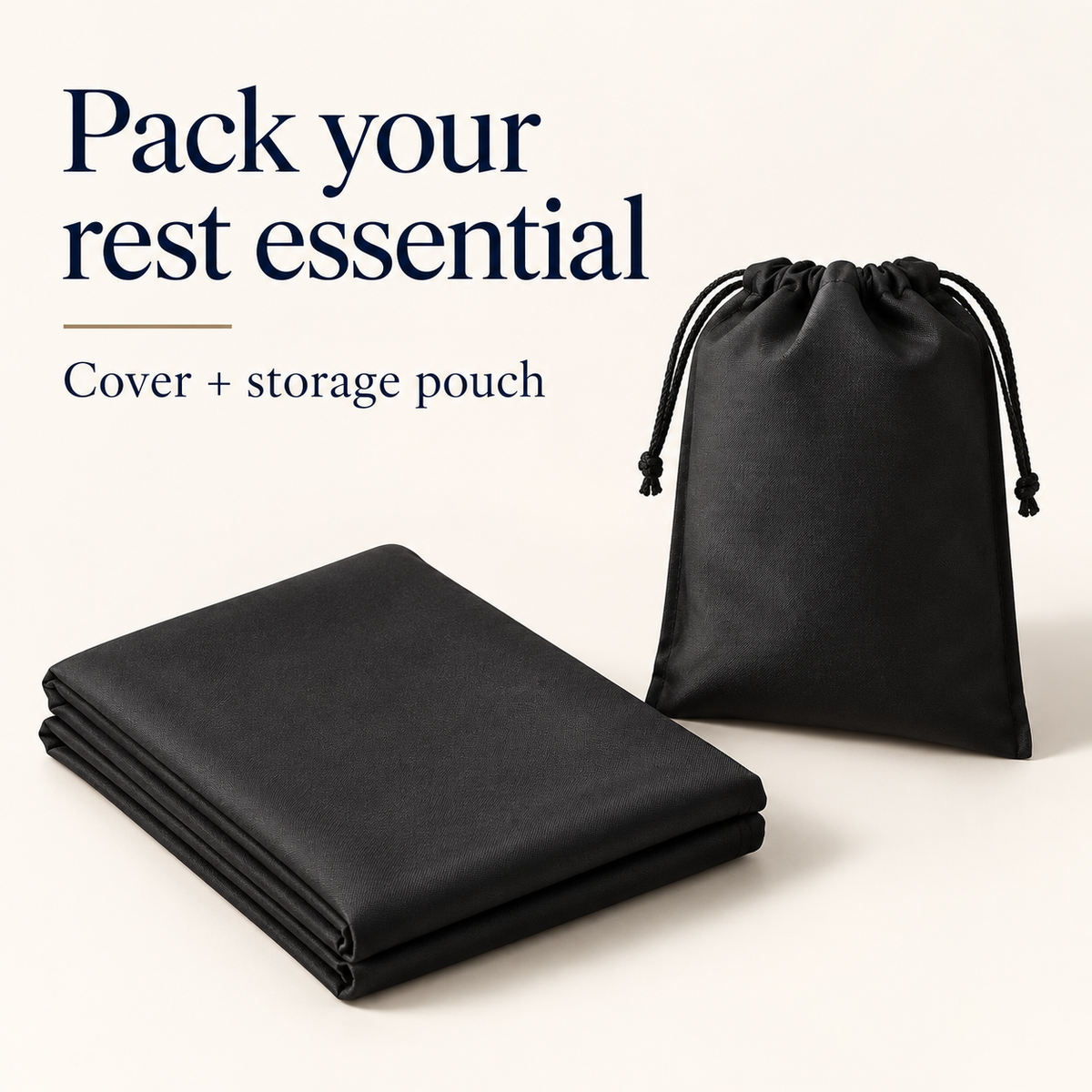 Illustration of folded DayRest cover and black drawstring storage pouch