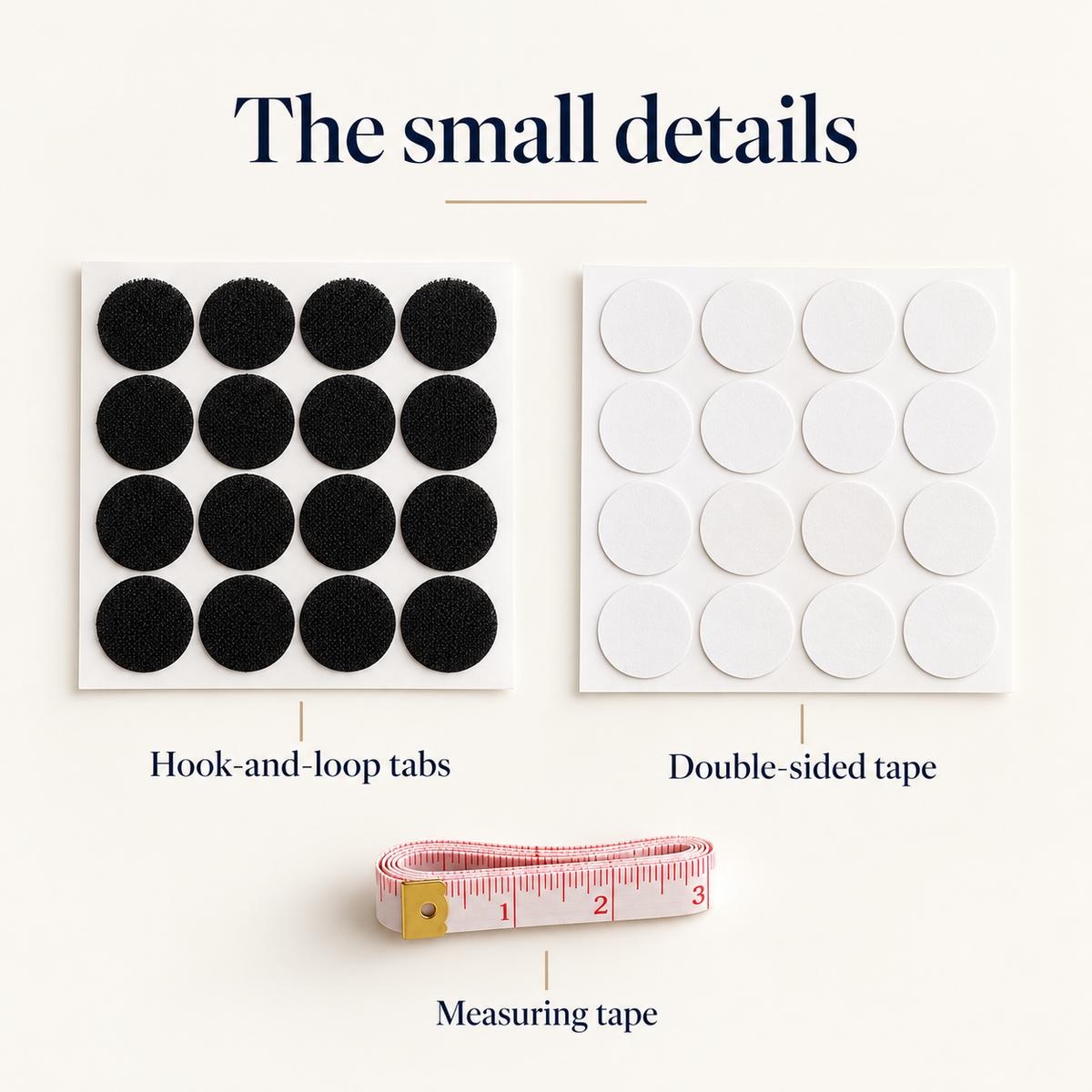 Illustration of DayRest hook-and-loop tabs, double-sided adhesive tape tabs and measuring tape