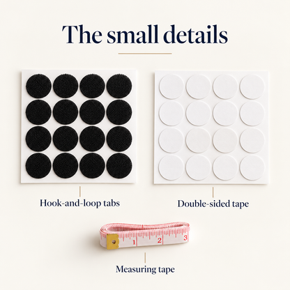 Illustration of DayRest hook-and-loop tabs, double-sided adhesive tape tabs and measuring tape