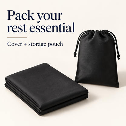 Illustration of folded DayRest cover and black drawstring storage pouch