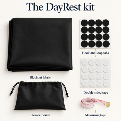 Illustrated DayRest kit: black cover, storage pouch, hook-and-loop tabs, double-sided tape and measuring tape