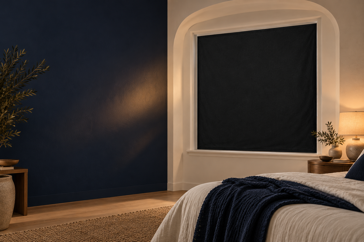 Covered-window bedroom illustration
